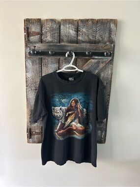 Men's Vintage Heavy Metal Black Native Woman & Wolf Graphic T-Shirt by